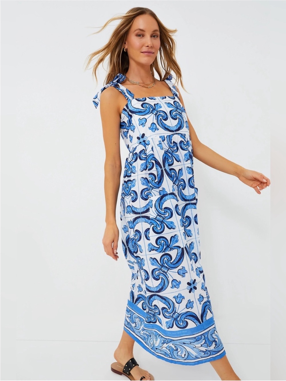 Tuckernuck Capri Blue Majolica Tile Tie-Shoulder Caftan Midi Dress